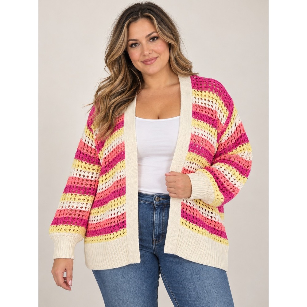 Pink Republic Womens XL Pink Yellow White Striped Crochet Open Front Cardigan